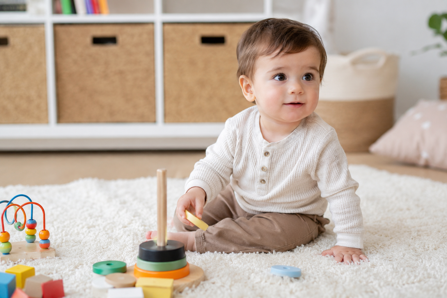 Bebé feliz jugando con juguetes seguros