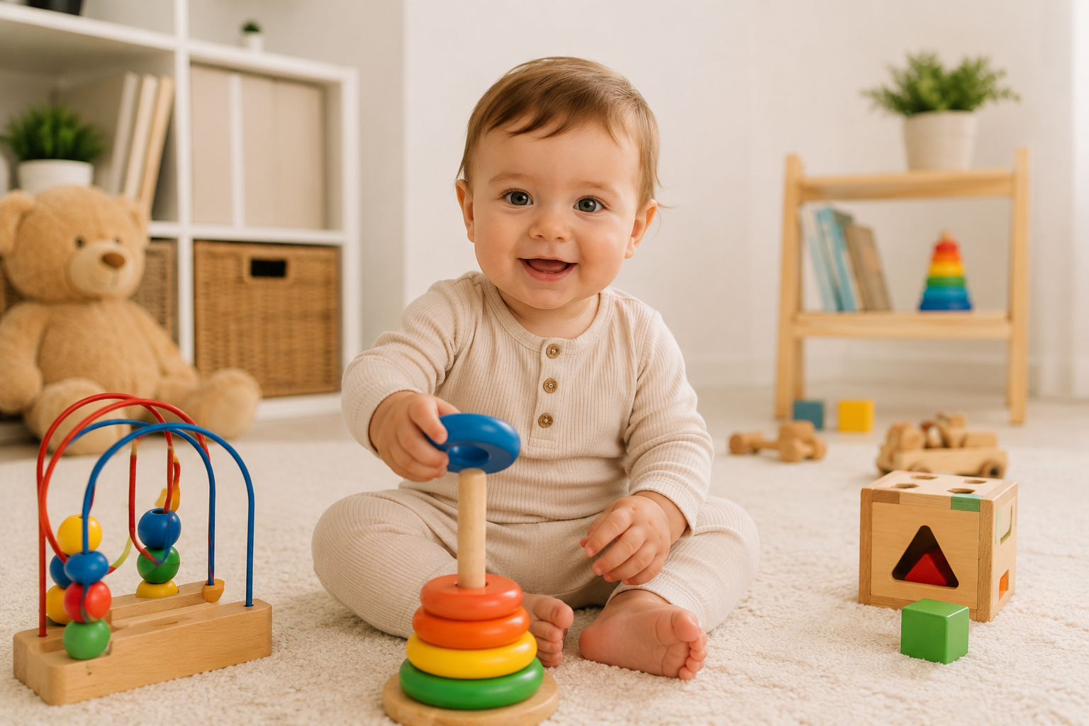 Bebé jugando con juguetes coloridos y seguros