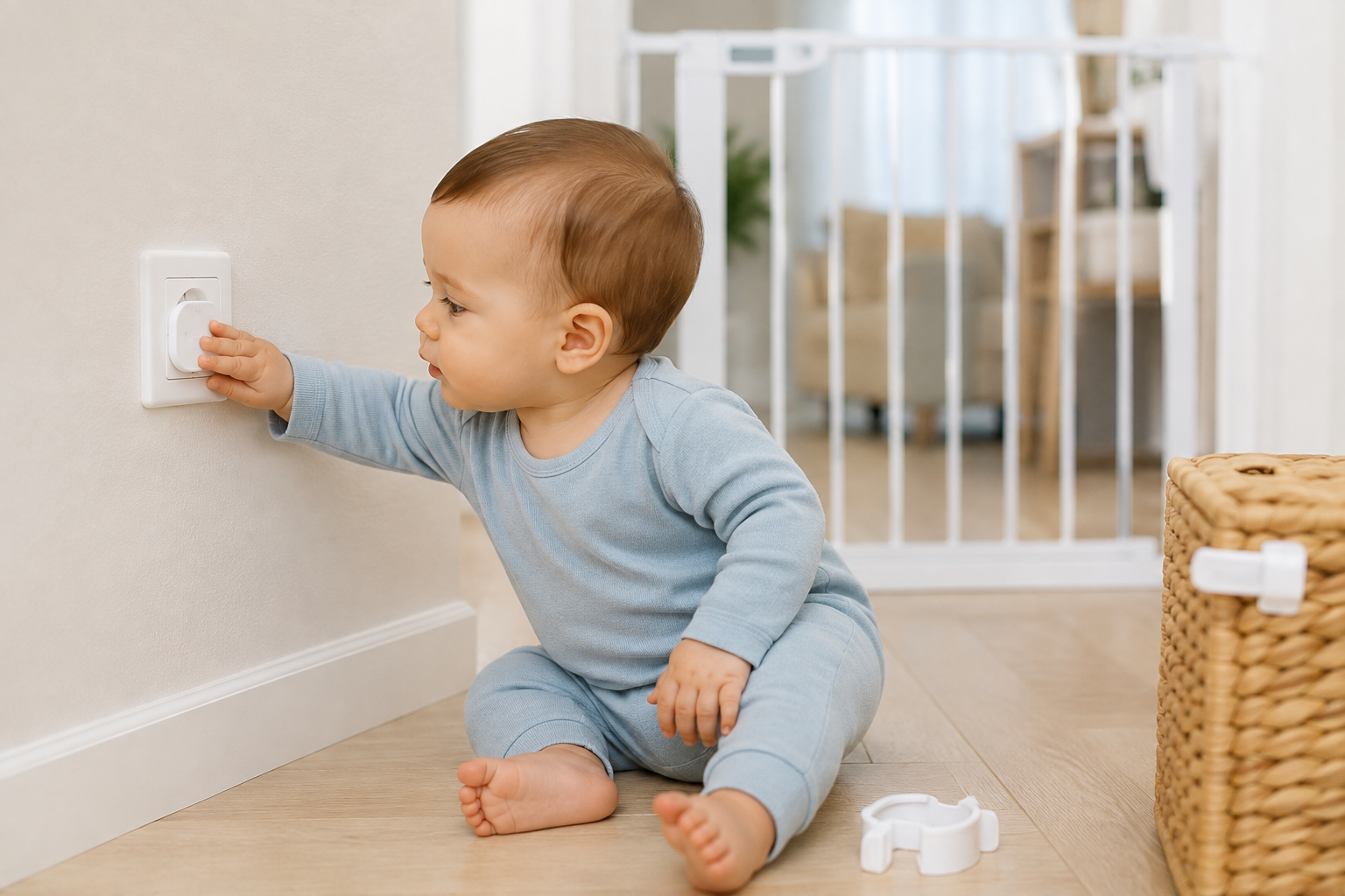 Bebé en casa intentando meter los dedos en un enchufe que está tapado con un protector de seguridad